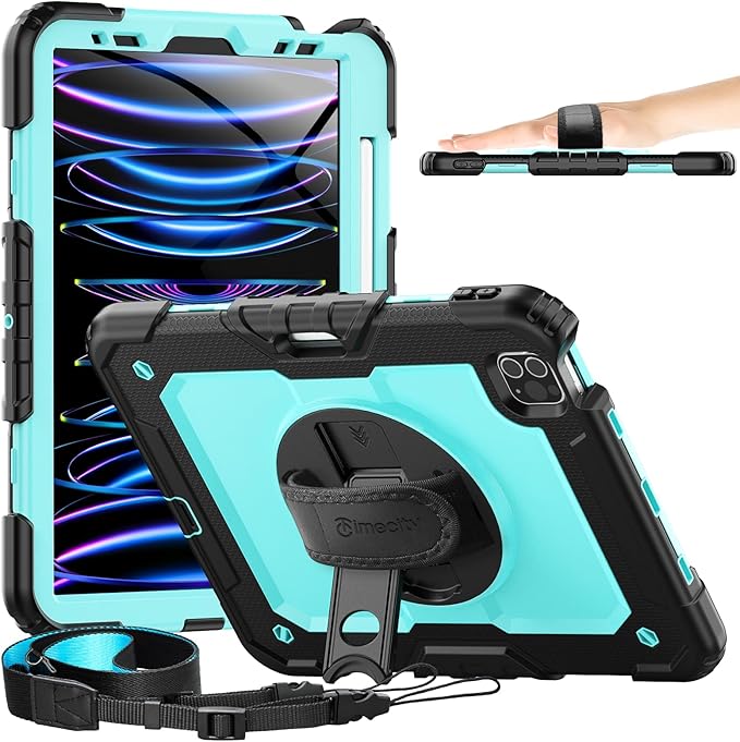 Timecity Case for iPad Pro 11 inch 2022/2021 (4th/ 3rd Generation), Shockproof with Screen Protector, Swivel Stand, Handle, Shoulder Strap, Pencil Holder Case for iPad Pro 11 Inch- Light Blue