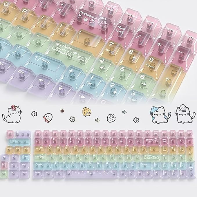 115 Keys Rainbow Keycaps, PC Translucnt Backlit Custom Keycap Set for Cherry Profile, Cute Frosted Clear Key Caps for MX Switches Mechanical Gaming Keyboard