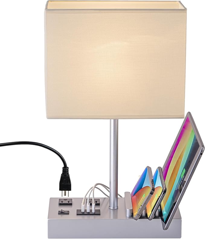Briever Upgraded 3 USB Table Lamp with 2 USB A & C Charging Ports, Bedside Desk Lamp with 2 AC Outlets and Wooden Phone Stand Organizer, Nightstand Lamp for Bedroom, Living Room, Office, Silver Base