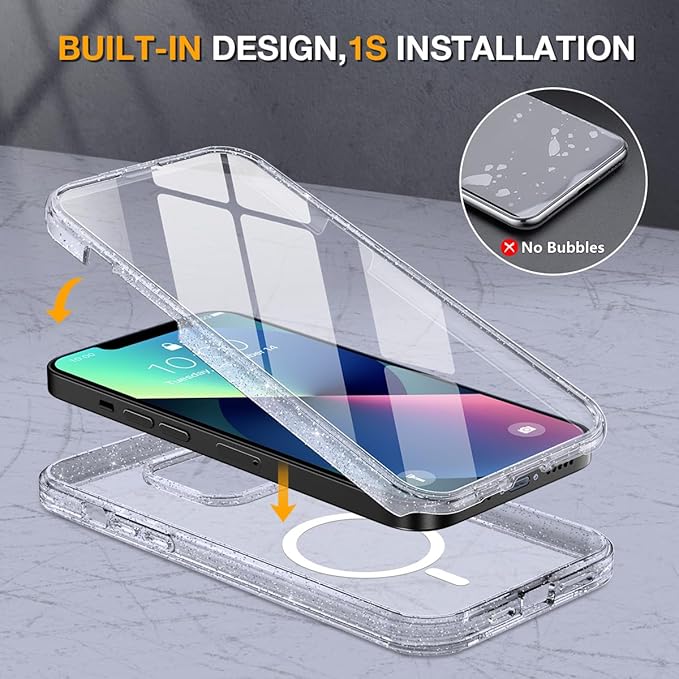 Miracase for iPhone 13 Case 6.1'', [Bubble Free] Full-Body Bumper Phone case with Built-in Full Glass Screen,No Gap,Compatible with MagSafe,Drop Proof 13 Cover,Clear Glitter