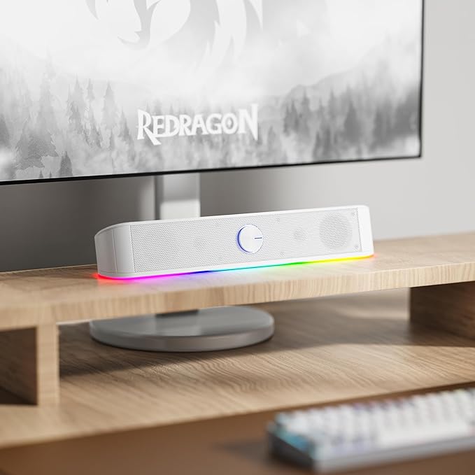 Redragon GS560 RGB Desktop Soundbar, 2.0 Channel Computer Speaker with Dynamic Lighting Bar Audio-Light Sync/Display, Touch-Control Backlit with Volume Knob, USB Powered w/ 3.5mm Cable, White