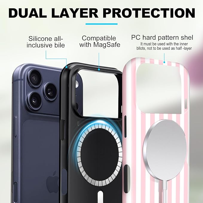 Magnetic for iPhone 17 Pro Case Cute Stripes Phone Case, Shockproof Slim TPU and Hard PC Protective Phone Cover Compatible with MagSafe Designed for Women Girls, Pink and White