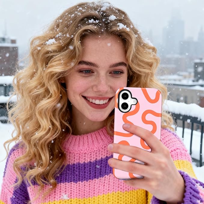 Magnetic for iPhone 17 Case Cute Curved Stripes Phone Case, Shockproof Slim TPU and Hard PC Protective Phone Cover Compatible with MagSafe Designed for Women Girls,Pink
