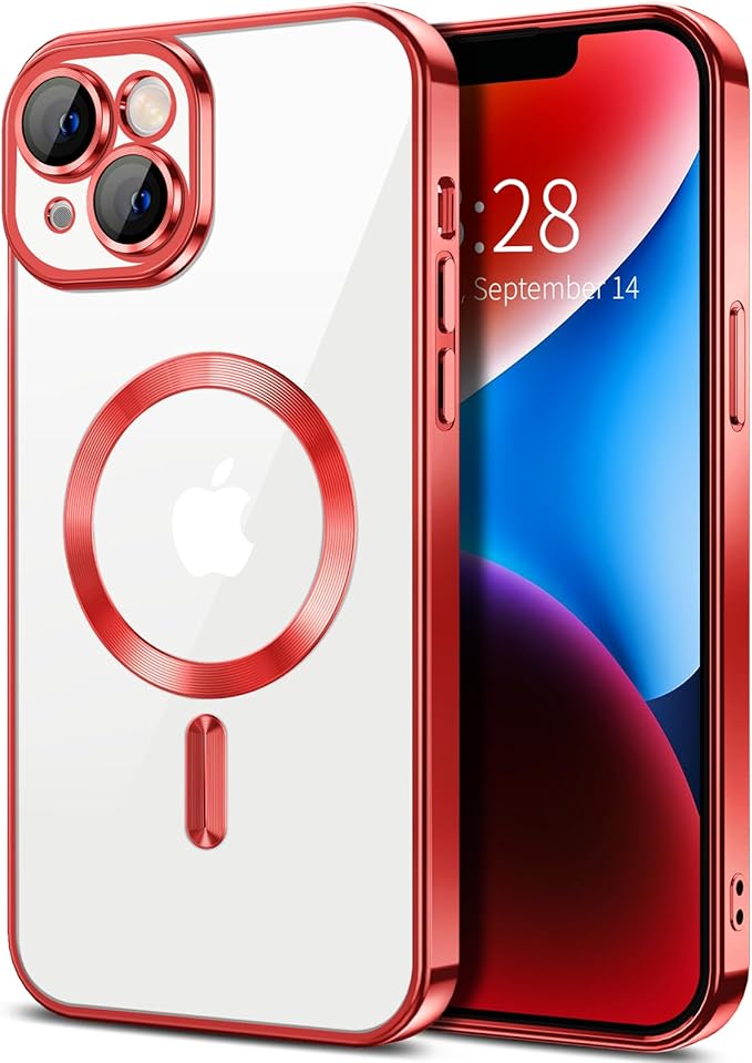 Hython Magnetic Clear for iPhone 14 Plus Case with Camera Lens Protector [Compatible with MagSafe] Luxury Plating Edge Slim Soft TPU Cover Protective Phone Case for iPhone 14 Plus 6.7", Red