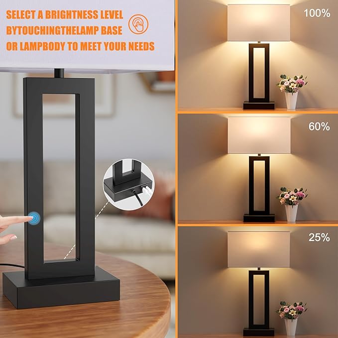 Seealle 22" Tall Living Room Lamps for Night Stands - Touch Bedside Lamp with USB C+A, 3 Way Dimmable Bedroom Lamps for End Tables Set of 2, Modern Night Stand Lamps for Bed Side(White&Black)