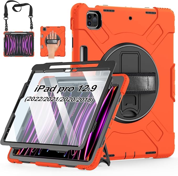 Case for iPad Pro 12.9 2022/2021/ 2020/2018: Cover for iPad Pro 12.9 6th/ 5th/ 4th/ 3rd Generation with Screen Protector- Stand- Pencil Holder- Handle- Shoulder Strap-Orange
