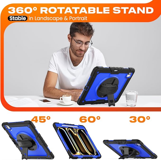 SEYMAC stock Case for iPad Pro 13-inch M5-M4 2025-2024, Shockproof Heavy Duty Case with Screen Protector, Pencil Holder, Rotating Stand, Hand Strap, Shoulder Strap, Blue