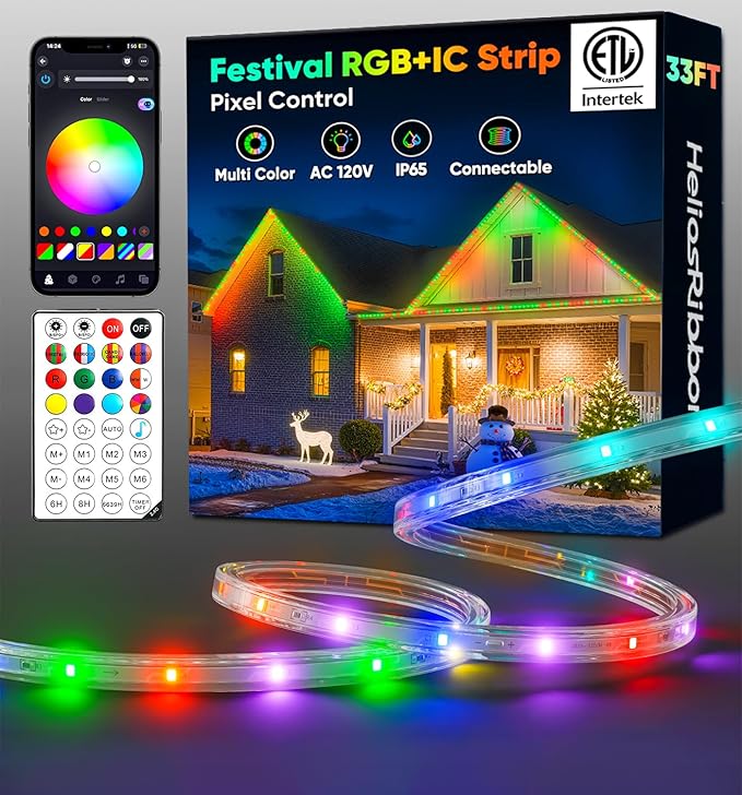 33FT Outdoor LED Strip Lights RGB+IC with Warm&Cool White, ETL Listed Music Sync Light Strip AC 120V, IP65 Waterproof and Connectable, for Party Festival Eave Porch Patio Every Day Decor