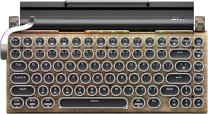 7KEYS Typewriter Keyboard Wireless Retro Style, Vintage Classical Mechanical Keyboard with Bluetooth for IPAD PC/Laptop Mac/Phone (Wood+Wrist)