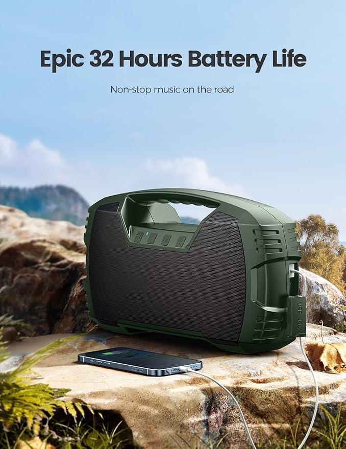 IPX7 Waterproof Outdoor Bluetooth Speaker, Wireless, 90W(Peak), 32H Playtime, Floating Design, Deep Bass & Loud Stereo Sound, Portable with Handle, Rugged for Pool, Beach, Kayaking, Hiking, Green