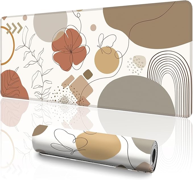 Boho Large Desk Mat (31.5 x 11.8 Inch), Abstract Minimalist Mouse Pad with Stitched Edges, Beige Terracotta Line Art Floral Keyboard Mat, Non-Slip Laptop Pad, Modern Home Office Decor