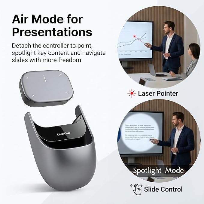 Wireless Productivity Mouse for Meetings & Presentations, Detachable Air Mouse with Recording, Transcription & Meeting Summaries, Bluetooth Computer Mouse for Desk Work & Follow-Up, Silver