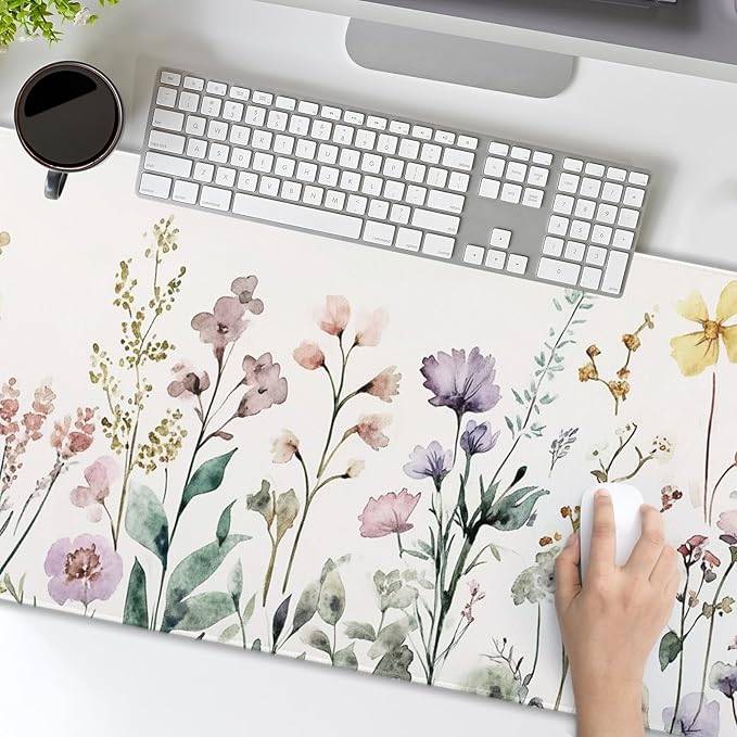 Floral Desk Mat Beige Boho Desk Pad Large Extended Gaming Mouse Pad XL Cute Minimalist Flowers Keyboard Mat 31.5x11.8 Inch Boho Esthetics Mousepad Big Keyboard Mouse Mat for Home Office Work Game
