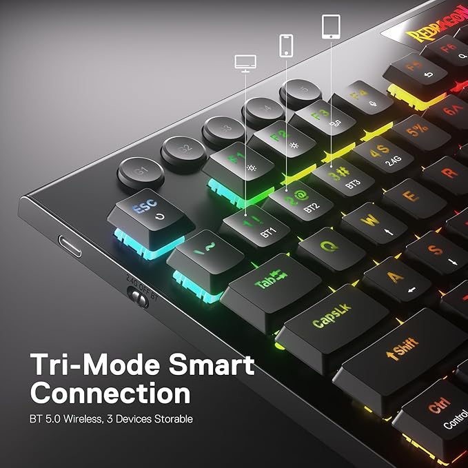 Redragon K618 PRO 3-Mode Wireless RGB Mechanical Keyboard, BT/2.4Ghz/Wired Low Profile Win/Mac Gaming Keyboard w/Ultra-Thin Design, Dedicated Media Control & Linear Red Switch