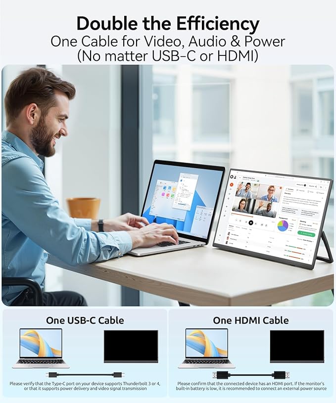 Wireless Portable Monitor with 8000mAh Battery- 15.6" 1080P IPS Second Screen for Travel/Office, AirPlay & Miracast Casting, Up to 5 hrs Use, No Cables or Drivers Needed, Works with Laptop/PC/Phone