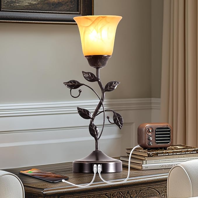 Set of 2 Touch Vintage Table Lamps with 2 USB Ports, 3-Way Dimmable Nightstand Flower Lamps, Amber Glass Shade Rustic Leaf Lamp for Living Room Bedroom, LED Bulb Included (Bronze)