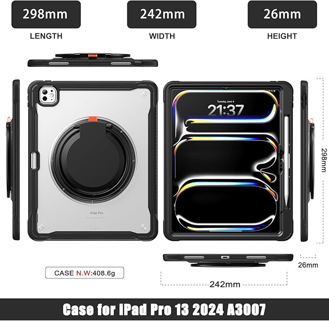 Batianda for iPad Pro 13 inch Case 2025 M5 2024 M4 Chip Lightweight Dual-Layer Protective Tablet Cover, Durable Shock-Absorbing Corners with 360° Rotating Kickstand Ring Built-in Pen Slot, Black