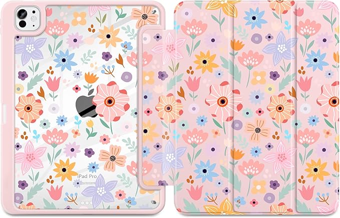 Case for iPad Pro 13 inch (M5) 2025 (M4) 2024 Release Slim Lightweight Cute Light Pink Cover with Clear Back TPU Edge Pencil Holder Trifold Stand, Colorful Flowers