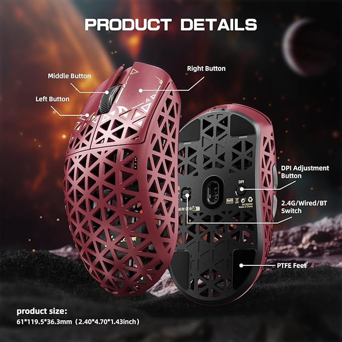 ATTACK SHARK R5Ultra 8K Carbon Fiber Wireless Gaming Mouse with 42000 DPI -PAW3950 MAX Sensor -39g Ultra-Lightweight-Nordic 52840 MCU Chip-Wired/BT/2.4GHz Wirelss Programmable Mouse for PC/Mac (Red)