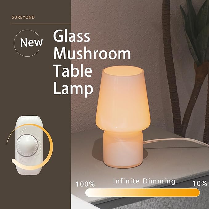 Mushroom Lamp,Mother's Day Gifts,Small Table Lamp,Cute Nightstand Kitchen Mini Lamp,Glass Table Lamp,Suitable for Bedrooms, Kitchens, Living Rooms, Bedside, Girl Gifts（White）