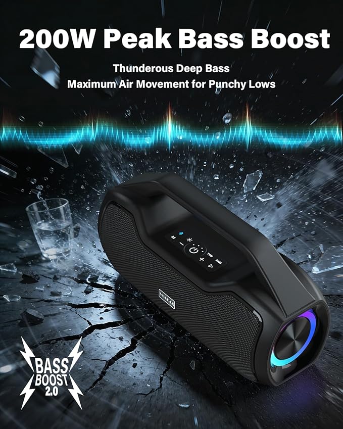 Portable Bluetooth Speaker Bass Boost, 120W Peak Loud Powerful Speakers Wireless w/2*Bass and 2*tweeters, 20H Playtime,IPX6 Waterproof, BT5.4, Suitable for Party, Beach, Camping,Outdoor,Large Jobsite,