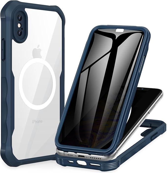 CENHUFO Magnetic Privacy for iPhone X Case/iPhone Xs Case, Full Body Phone Case Built-in 9H Tempered Glass Privacy Screen Protector [Compatible with Magsafe] Shockproof Bumper Clear Cover - Blue