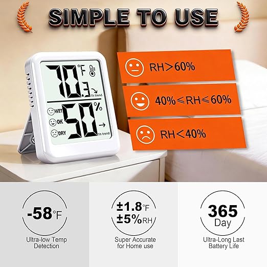 2-Pack Room Thermometer Indoor Hygrometer for Home, Temperature Humidity Meter, Humidity Gauge, Digital Room Temperature Monitor Sensor for Baby Nursery Car Plant - AAA Battery Included