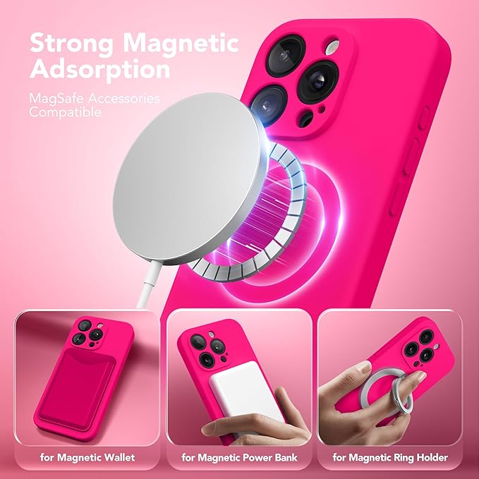Magnetic for iPhone 15 Pro Max Case, Compatible with MagSafe, [Full Camera Protection][Screen Protector] Silicone Shockproof Protective Phone Case for iPhone 15 Pro Max 6.7", Hot Pink