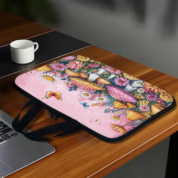 15 Inch Mushroom Butterfly Laptop Sleeve Cover Computer Bag Tablet Carrying Case with Handle, Water-Repellent Tote Bags Notebook Sleeves Handbag Messenger Briefcase Shoulder Bag