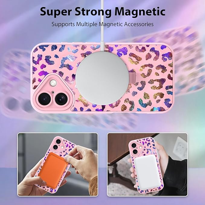 KANGHAR Compatible with iPhone 16 Case, Support for MagSafe, Silicone Cute Iridescent Leopard Cheetah Pattern, Wristband Kickstand Shockproof Protective Slim Cover for Women Girls, Pink