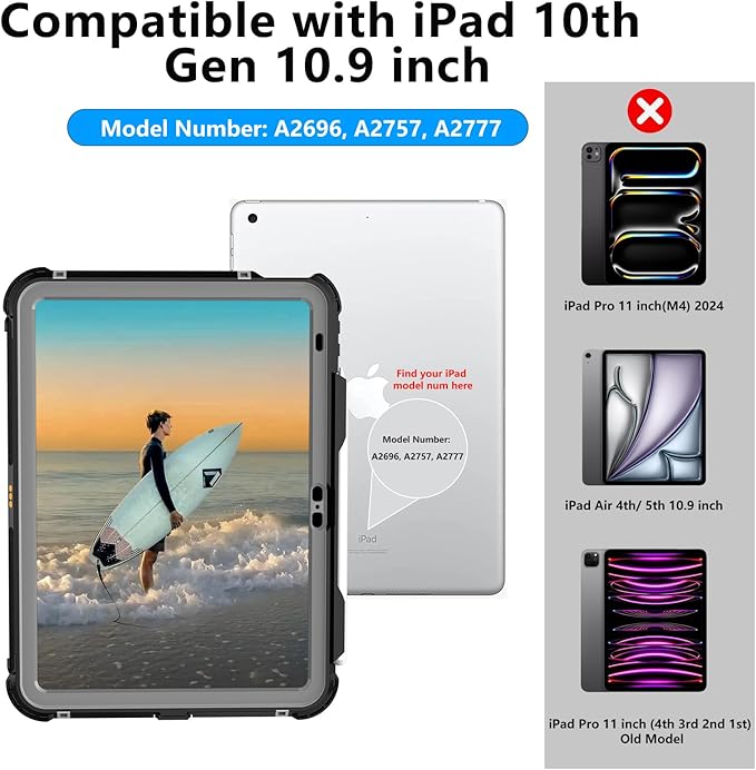 Waterproof Case for Apple iPad 11(A16) 2025/10th Gen 10.9 inches, Built-in Apple Pencil Holder Camera Screen Protector, Fit with Magic Keyboard, 360 Full Body Protective Pad Cover, Black