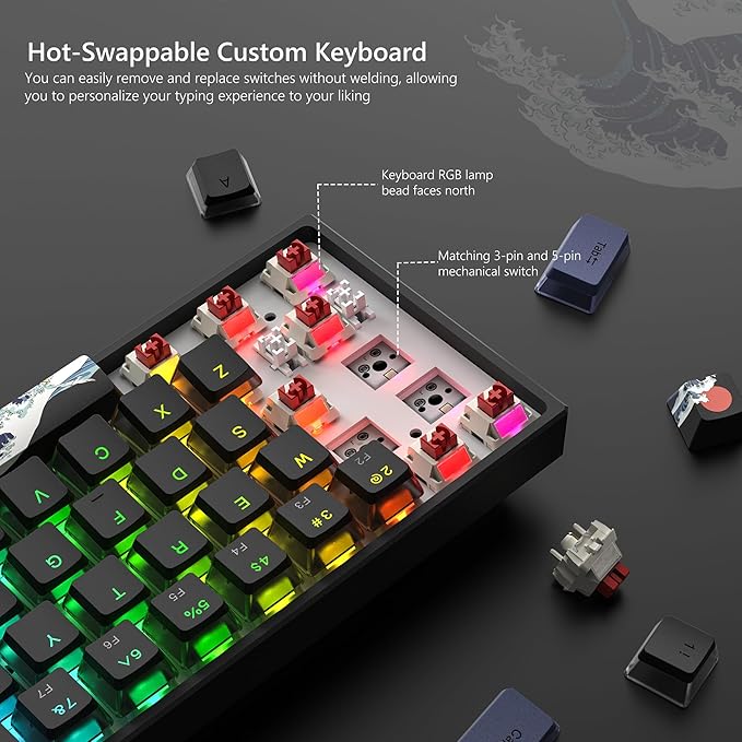 Womier 60% Percent Keyboard Gaming, WK61 V2 Creamy Mechanical Wired Keyboard Anime, Hot-Swappable RGB Key Board with PBT Keycaps for Windows PC Gamers - POM Linear Red Switch(Black Kanagawa)