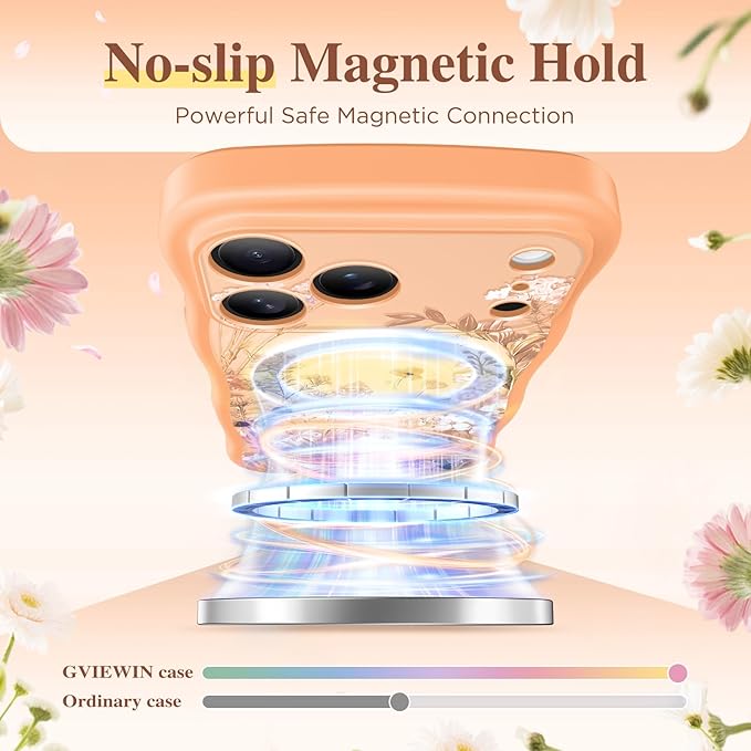 GVIEWIN for iPhone 17 Pro Case Compatible with MagSafe [Curly Wave Edge][Full Camera Protection] Floral Translucent Shockproof Magnetic Women Phone Case for iPhone 17 Pro 6.3'', Campanula/Orange