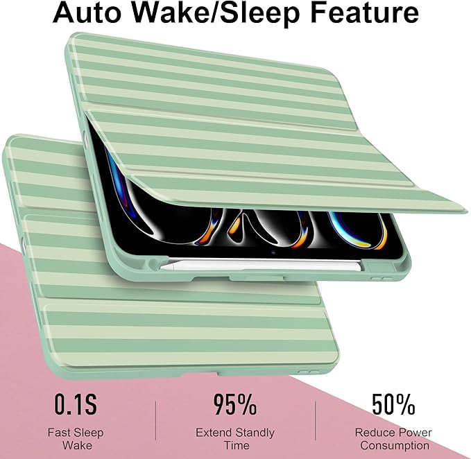 Case for iPad Pro 13 Inch (M5 2025 M4 2024) – [Built-in Pencil Holder], Shockproof & Stylish, Clear Hard Back + Soft TPU Edge, Magnetic Trifold Stand, Auto Wake/Sleep, Green Striped