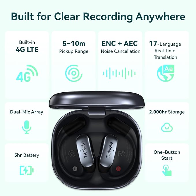 Mobvoi TicNote Pods Wearable AI Voice Recorder with 4G, No Phone Needed, Voice Activated, AI Transcription & Translation,Auto Transcription & Meeting Notes,120+ Languages, 5-Hour Battery,Blue