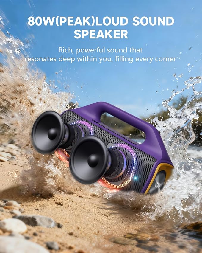 IPX67 Waterproof Bluetooth Speaker:80W(Peak) Loud Outdoor Portable Wireless Party Speakers with LED Lights,20H Playtime,Bluetooth 5.3,Deep Bass & TWS for Pool,Beach