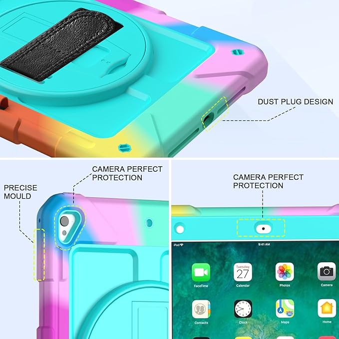 BMOUO Case for iPad 6th/5th Generation Case (9.7 inch, 2018/2017), 360°Rotating Stand, Hand/Shoulder Strap Shockproof iPad 9.7” Case for iPad Air 2, Turquoise