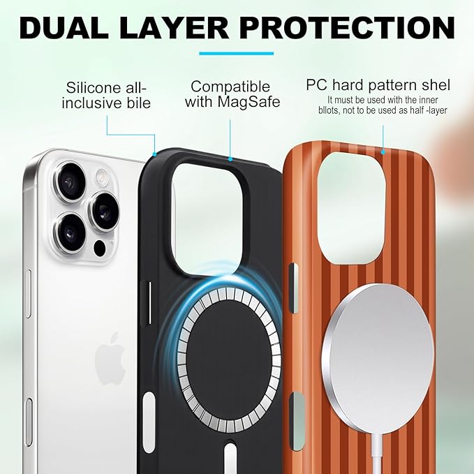 Magnetic for iPhone 16 Pro Max Case Cute Stripes Phone Case, Shockproof Slim TPU and Hard PC Protective Phone Cover Compatible with MagSafe Designed for Women Girls, Deep Brown