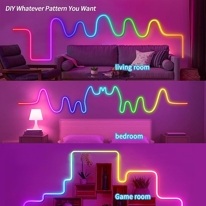 Neon Rope Light, 6.56FT RGB LED Strip Light APP Control, Button Control, 5V Musci Sync Color Changing Rope Light, IP65 Waterproof LED Light for Bedroom Living, Party, Christmas Decoration