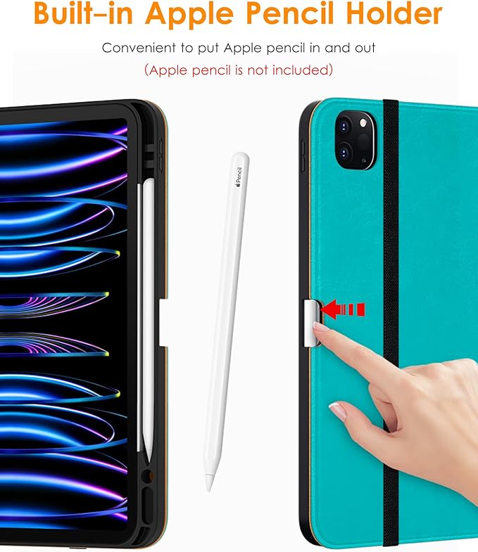 DTTO for iPad Pro 12.9 6th / 5th / 4th / 3rd Generation Case 2022/2021/2020/2018, Leather Folio Stand Cover with Built-in Apple Pencil Holder -Auto Wake/Sleep and Multi Viewing Angles, Cyan Blue