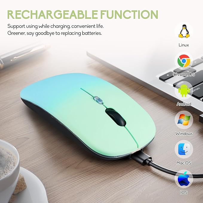 Wireless Bluetooth Mouse,LED Dual Mode Rechargeable Silent Slim Laptop Mouse,Portable(BT5.2+USB Receiver) Dual Mode Computer Mice,for Laptop,Desktop Computer,ipad Tablet,Phone,Mac(Greenish blue)