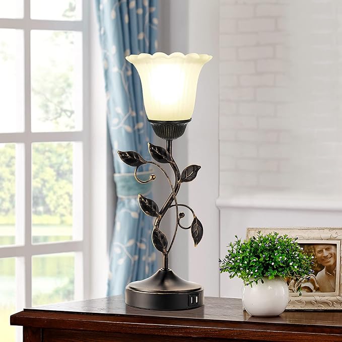 Touch Bedside Lamp with 2 USB Charging Ports, 3-Way Dimmable Nightstand Lamps, White Glass Shade Vintage Rural Leaf Lamp for Living Room Tabletop Bedroom Side Table, LED Bulb Included