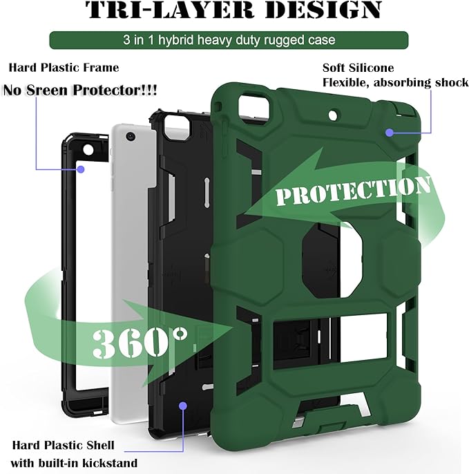 CCMAO Case for iPad 6th/5th Generation (9.7-inch, 2018/2017), iPad Air 2 Case (2014) with Kickstand, Hybrid Shockproof Protective iPad 9.7 Case, Dark Green+Black