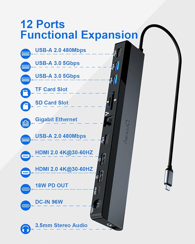 USB C Docking Station Dual Monitor with Power Adapter: NewQ 12-in-1 Thunderbolt 3 | 4 Dock, Dual 4K HDMI, 4 USB, Audio, Ethernet, SD/TF Slot, 18W PD Out, for Mac, HP, Dell, Lenovo, Surface, Asus, Acer