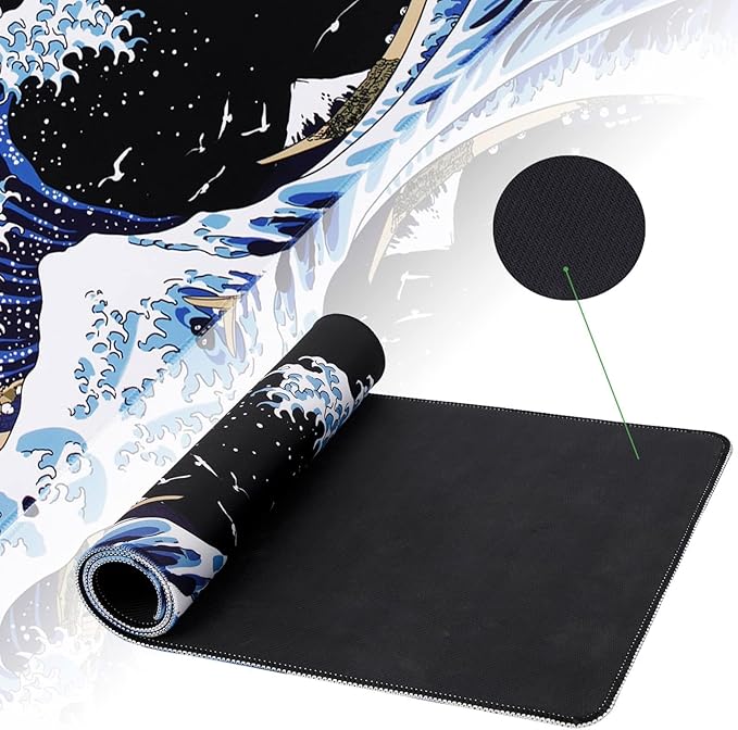 MEWOOCUE® Gaming Mouse Pad for Desk,Large Wave Mousepad Laptop,Black Japanese Anime Mouse Mat,Long XXL Waterproof Keyboard Pads,Big Non-Slip Mousepads for Game Office Home（31.5 x 11.9 in）