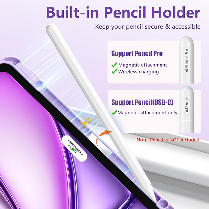 Wenlaty for iPad Air 13 Inch Case M4/M3/M2 (2026/2025/2024) with Pencil Holder, Slim Trifold Stand Protective Cover for iPad Air 13 Case with Transparent Back, Auto Wake/Sleep -Lavender Purple