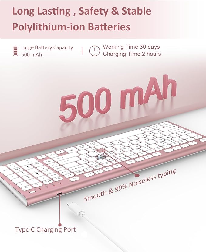 FENIFOX Wireless Keyboard, Bluetooth & 2.4G USB & USB-C Rechargeable Silent Ultra Quiet Low Profile Compact Full Size with Number Pad Soft Multi Device for Mac MacBook Windows PC - Pink & Rose Gold