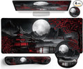 LIMKRIAN Japanese Mouse Pad Large Desk Mat Set, XXL Anime Full Moon Ergonomic Mousepad with Wrist Rest, Wrist Support Gaming Keyboard Mat Cup Coaster Set, Japanese Style Office Desk Accessories
