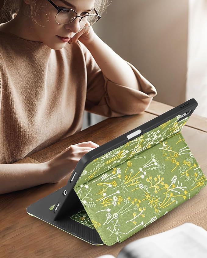 Uppuppy for iPad 10th Generation Case, for iPad (A16) 11th Generation Case - Women Girls Cute Embroidered Folio Stand Cover with Pencil Holder & Card Slot Girly Kawaii Plants Design Aesthetic Cases