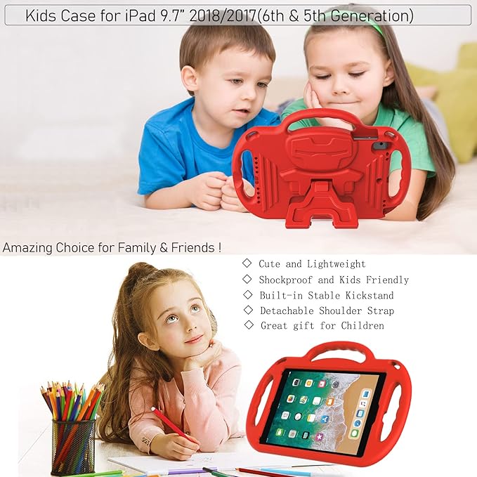 LTROP iPad 6th Generation Case, 9.7 iPad Case 2018, iPad 9.7-Inch Case - Light Weight Shock Proof Handle Stand Shoulder Strap Kids Case for 9.7 inch iPad 6th Gen/ 5th Gen/Air 2/ Air - Red